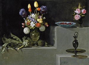 Nature morte avec fleurs, artichauts, cerises et verrerie